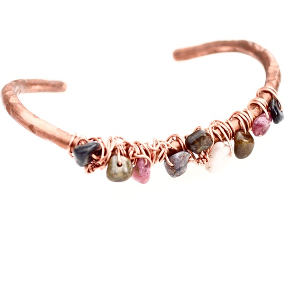 Pink Black Green Tourmaline Copper Cuff Bracelet - Picture 4 of 9